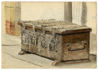 202584 Afbeelding van de archiefkist in de consistoriekamer in de voormalige kapittelzaal van de Pieterskerk ...